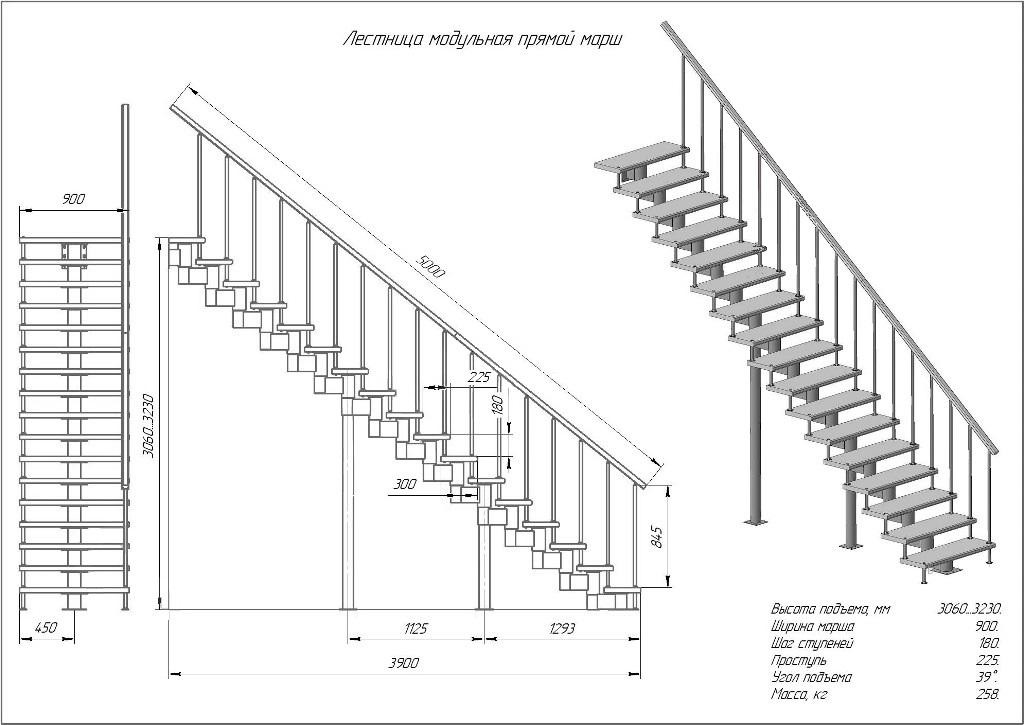 Модульная лестница высота 3060 мм (прямой марш) высота ступени 180 мм