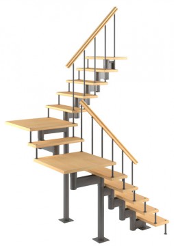 Модульная лестница высота 3150 мм (с поворотом 180° и площадками) высота ступени 225 мм