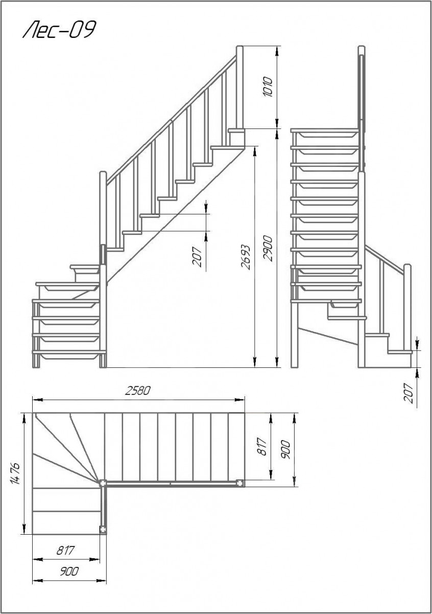 Деревянная межэтажная лестница ЛЕС-09 (поворот 90°)