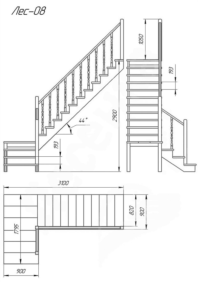 Деревянная межэтажная лестница ЛЕС-18 (поворот 90°)